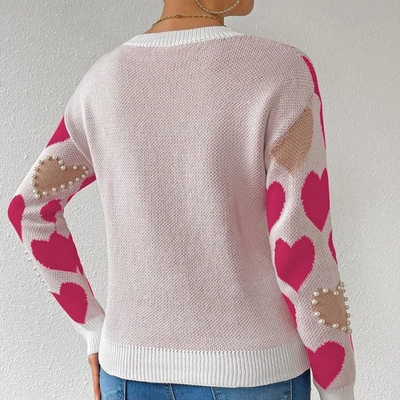 Hot Pink Casual Womens Heart Embroidery Beaded Pullover Sweater - Picture 2 of 5